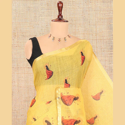 Pothys Yellow Linen Cotton Saree, Adorned with Butterfly Woman Print, a Piping Border, a Contrast Blouse