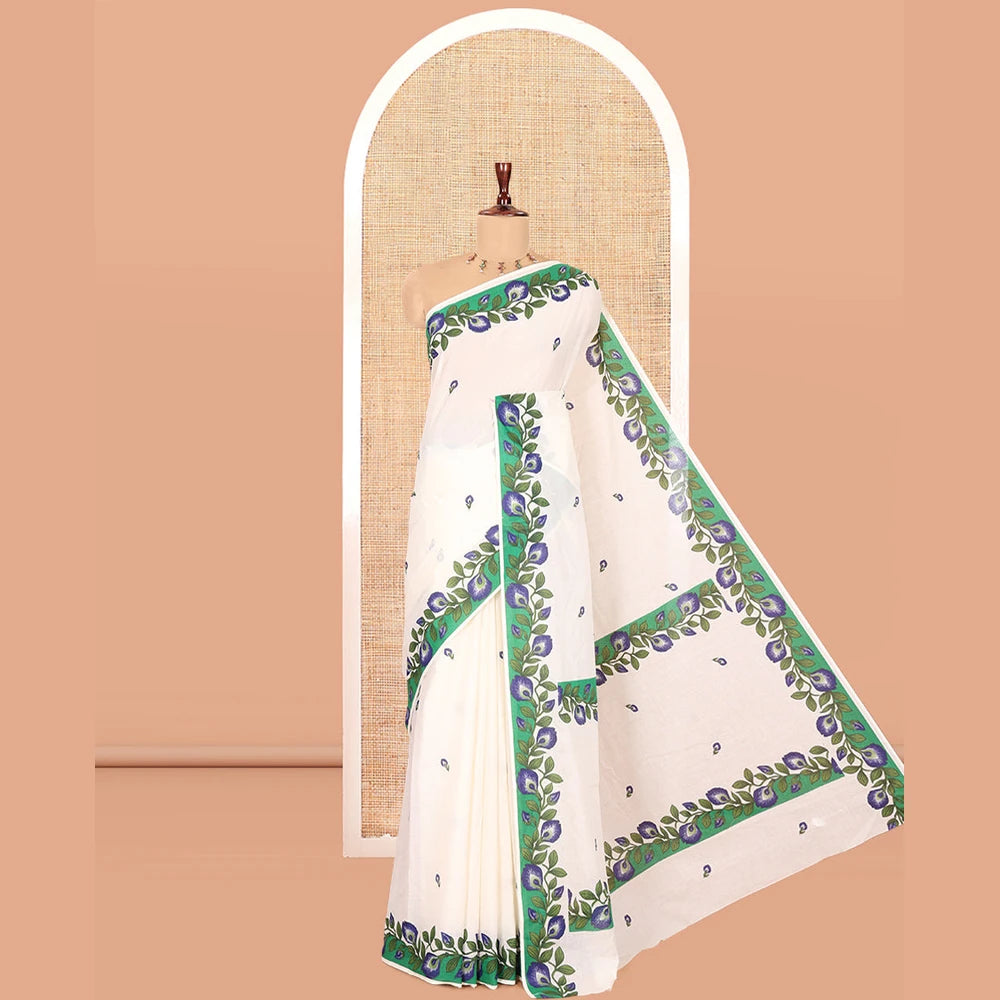 Pothys Cream Kerala Cotton Saree, Adorned with Floral Print, Contrast Floral Border, and a Contrast Floral Blouse