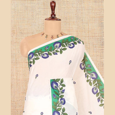 Pothys Cream Kerala Cotton Saree, Adorned with Floral Print, Contrast Floral Border, and a Contrast Floral Blouse