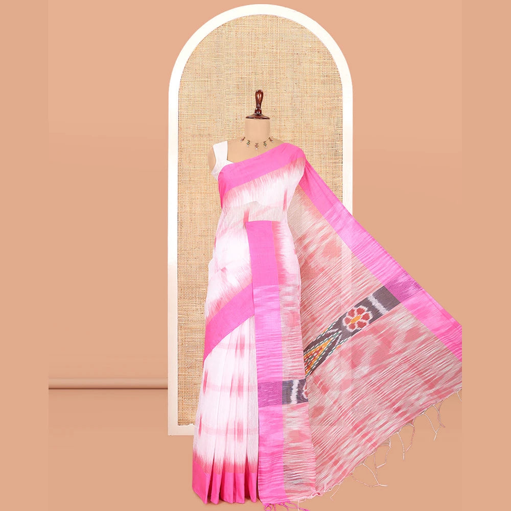 Pothys White-Pink Khadi Cotton Saree, Woven with Ikat Buttas, Contrast Blouse, Ikat Pallu, Matching Blouse