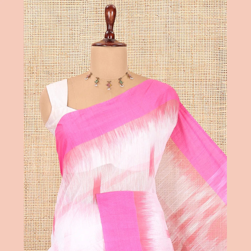 Pothys White-Pink Khadi Cotton Saree, Woven with Ikat Buttas, Contrast Blouse, Ikat Pallu, Matching Blouse
