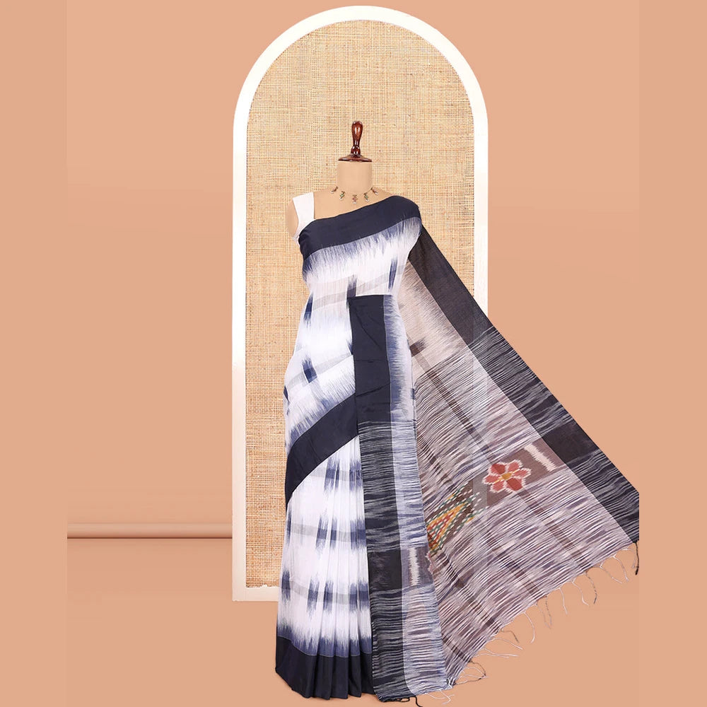 Pothys White-Navy Khadi Cotton Saree, Woven with Ikat Buttas, Contrast Blouse, Ikat Pallu, Matching Blouse