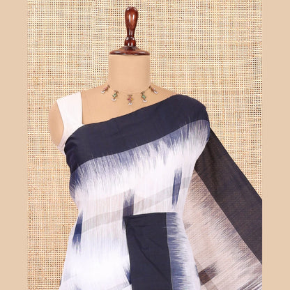 Pothys White-Navy Khadi Cotton Saree, Woven with Ikat Buttas, Contrast Blouse, Ikat Pallu, Matching Blouse
