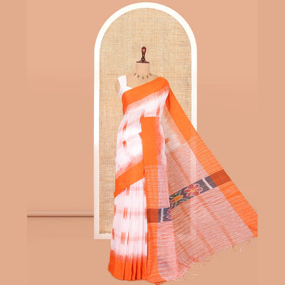 Pothys White-Orange Khadi Cotton Saree, Woven with Ikat Buttas, Contrast Blouse, Ikat Pallu, Matching Blouse