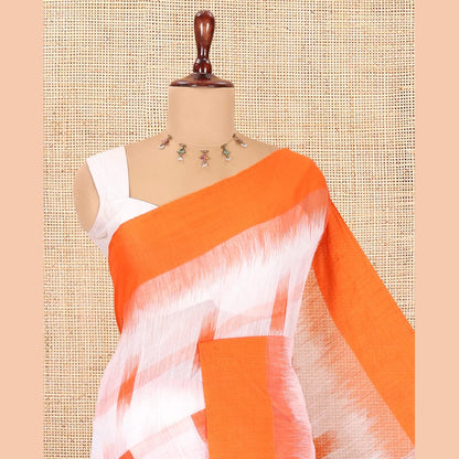 Pothys White-Orange Khadi Cotton Saree, Woven with Ikat Buttas, Contrast Blouse, Ikat Pallu, Matching Blouse