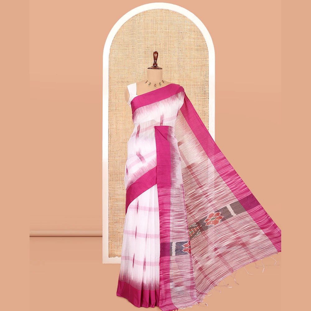 Pothys White-Purple Khadi Cotton Saree, Woven with Ikat Buttas, Contrast Blouse, Ikat Pallu, Matching Blouse