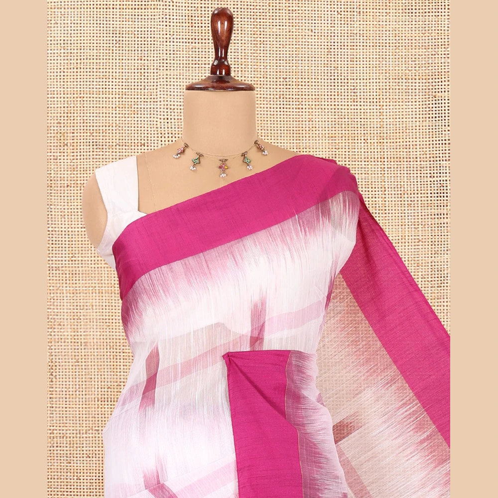 Pothys White-Purple Khadi Cotton Saree, Woven with Ikat Buttas, Contrast Blouse, Ikat Pallu, Matching Blouse