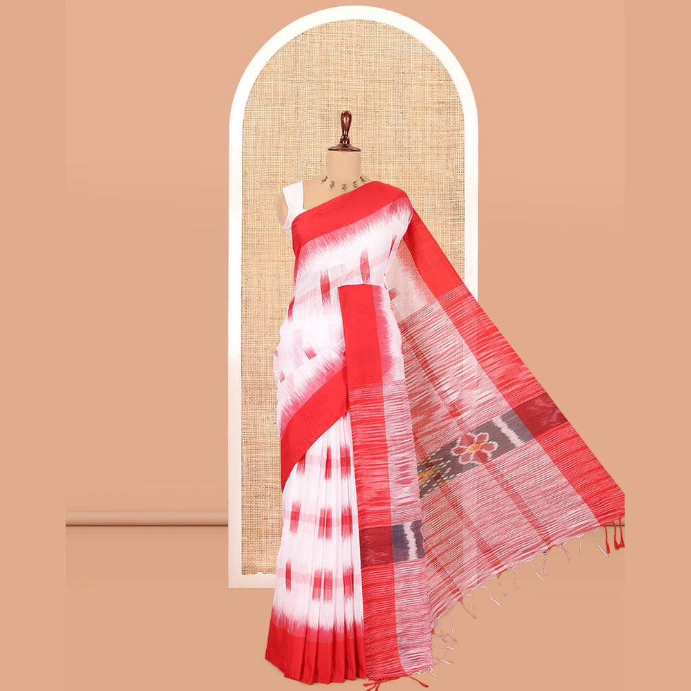 Pothys White-Red Khadi Cotton Saree, Woven with Ikat Buttas, Contrast Blouse, Ikat Pallu, Matching Blouse