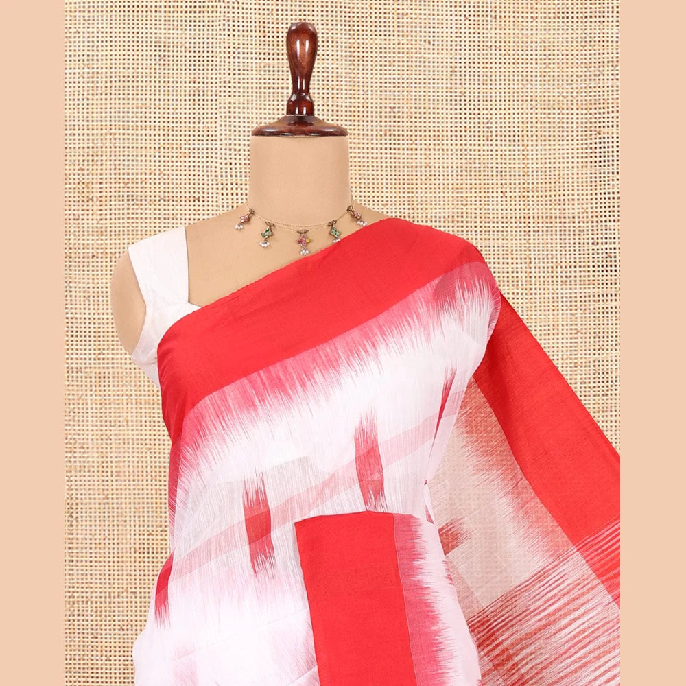 Pothys White-Red Khadi Cotton Saree, Woven with Ikat Buttas, Contrast Blouse, Ikat Pallu, Matching Blouse