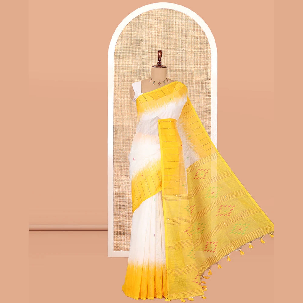 Pothys Cream-Yellow Khadi Cotton Saree, Subtly Woven with Buttas, Contrast Sequins Striped Blouse, Contrast Blouse