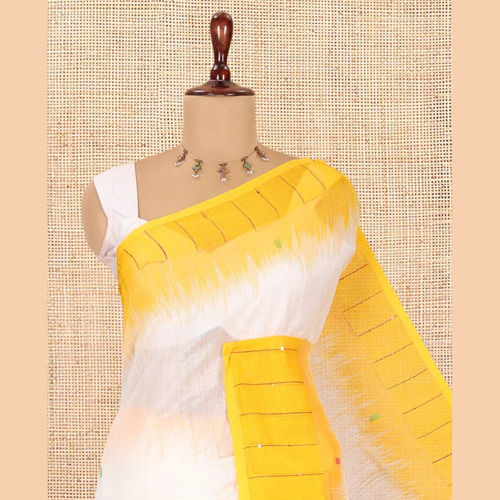 Pothys Cream-Yellow Khadi Cotton Saree, Subtly Woven with Buttas, Contrast Sequins Striped Blouse, Contrast Blouse