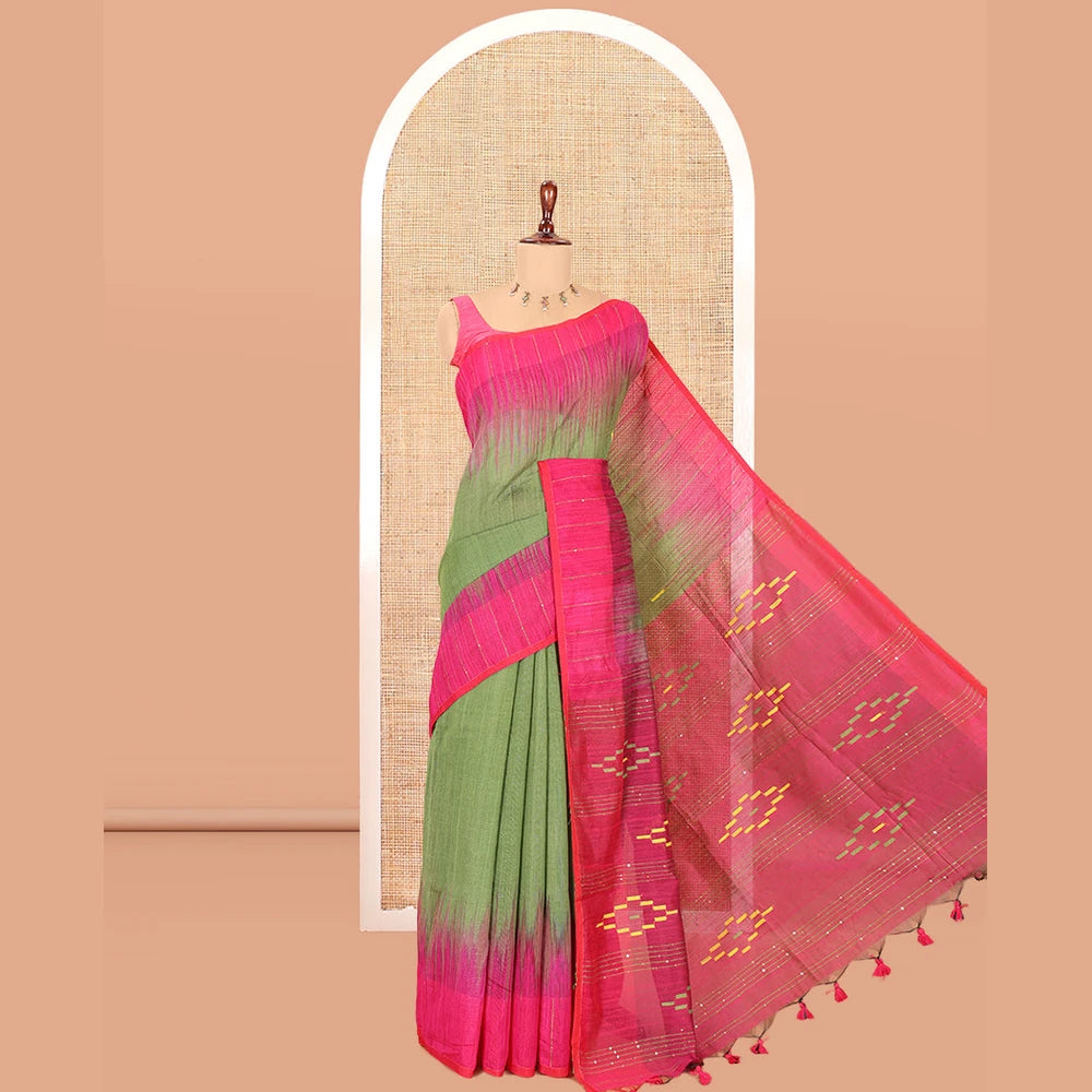 Pothys Olive Green-Pink Khadi Cotton Saree, Subtly Woven with Buttas, Contrast Sequins Striped Blouse, Contrast Blouse