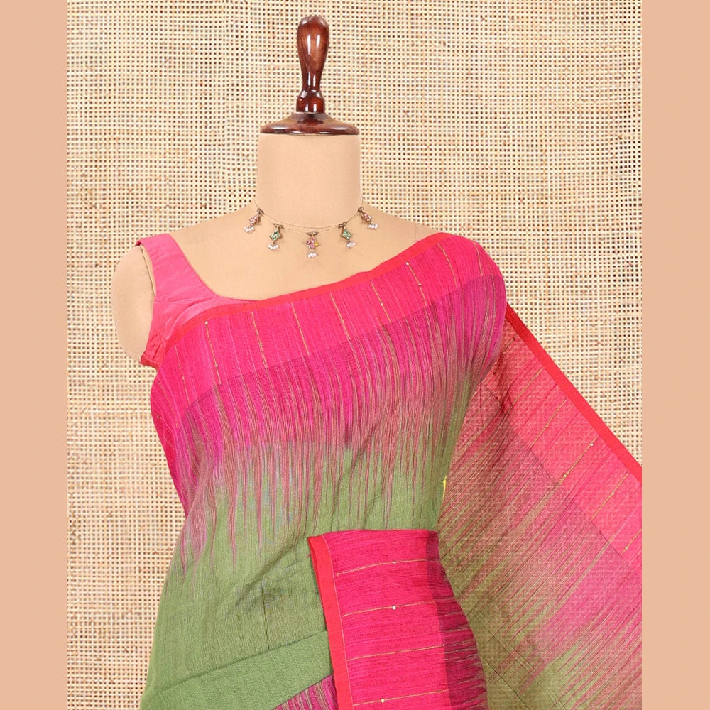 Pothys Olive Green-Pink Khadi Cotton Saree, Subtly Woven with Buttas, Contrast Sequins Striped Blouse, Contrast Blouse