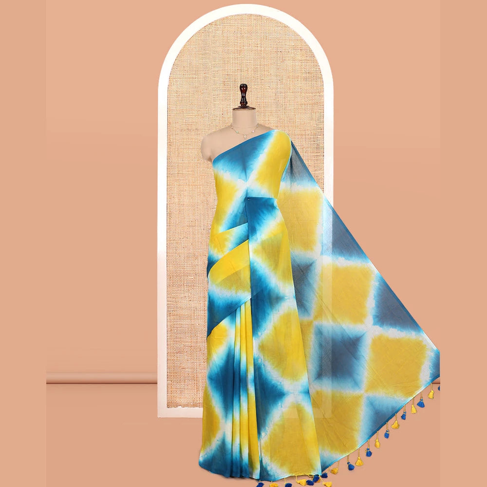 Pothys Borderless Blue-Yellow Diamond Shibori Printed Khadi Mul Cotton Saree, and No Blouse