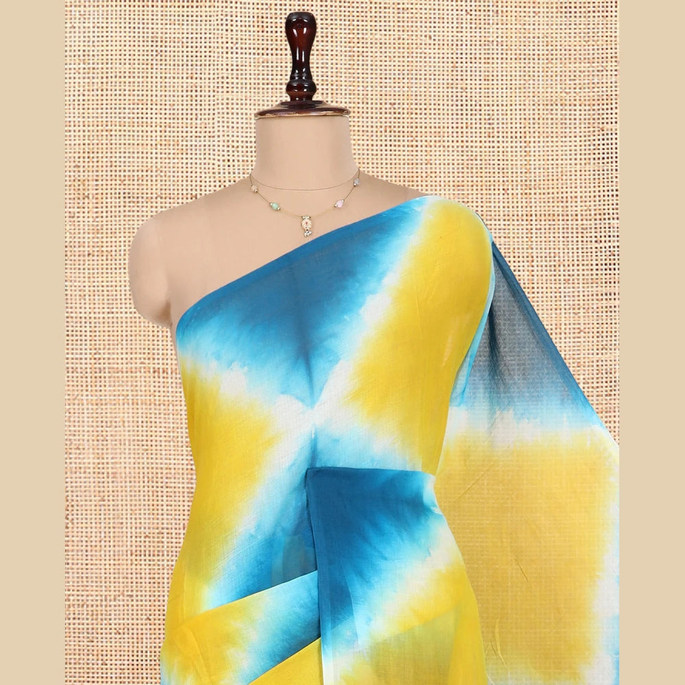 Pothys Borderless Blue-Yellow Diamond Shibori Printed Khadi Mul Cotton Saree, and No Blouse