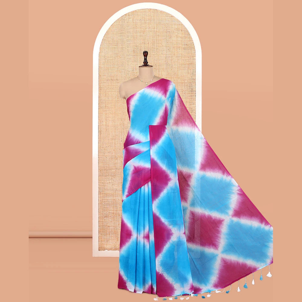 Pothys Borderless Blue-Pink Diamond Shibori Printed Khadi Mul Cotton Saree, and No Blouse