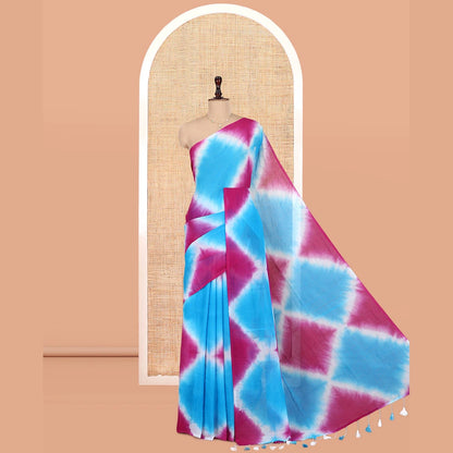 Pothys Borderless Blue-Pink Diamond Shibori Printed Khadi Mul Cotton Saree, and No Blouse