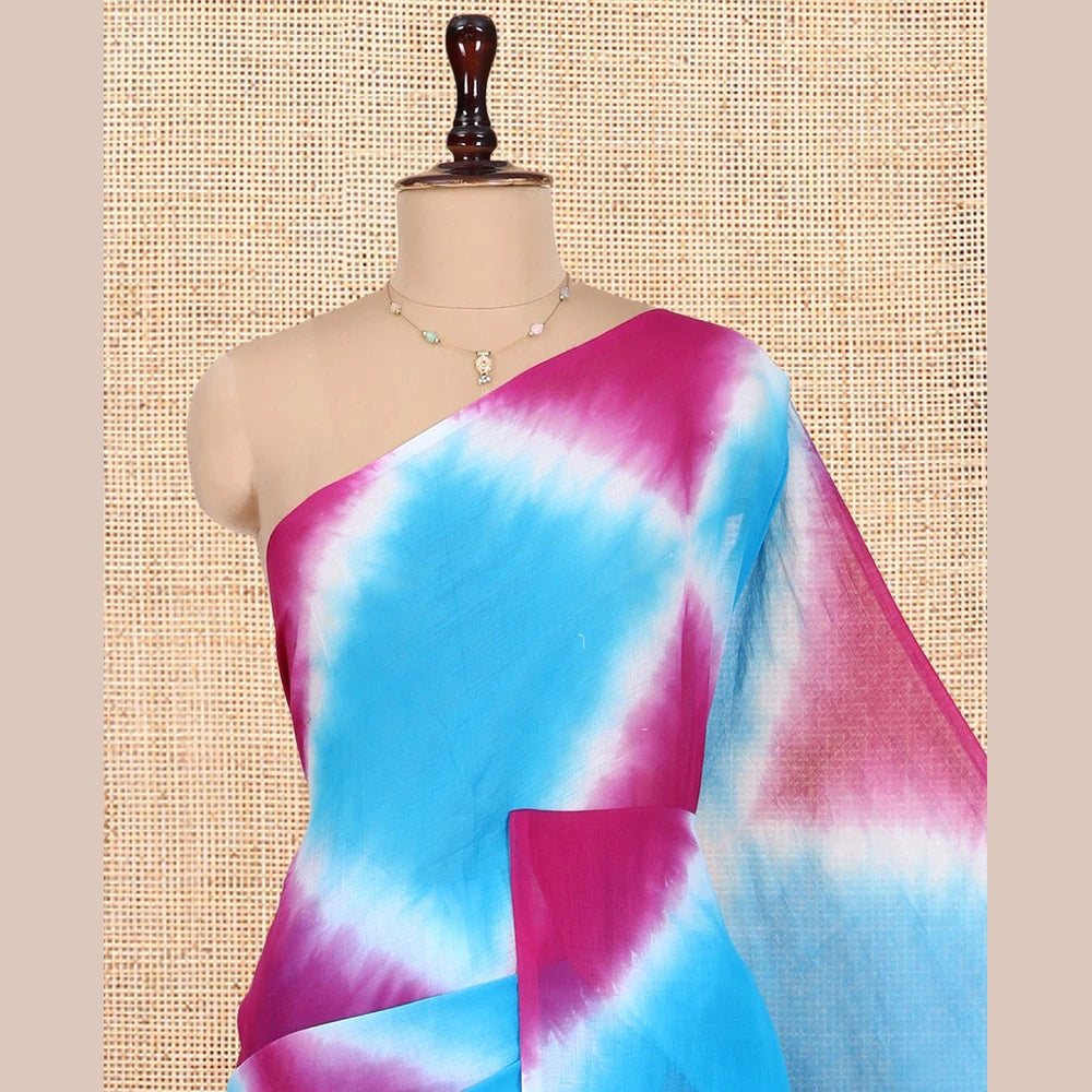 Pothys Borderless Blue-Pink Diamond Shibori Printed Khadi Mul Cotton Saree, and No Blouse