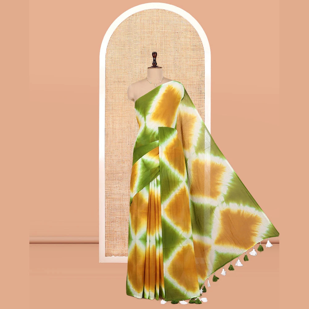 Pothys Borderless Mustard-Green Diamond Shibori Printed Khadi Mul Cotton Saree, and No Blouse