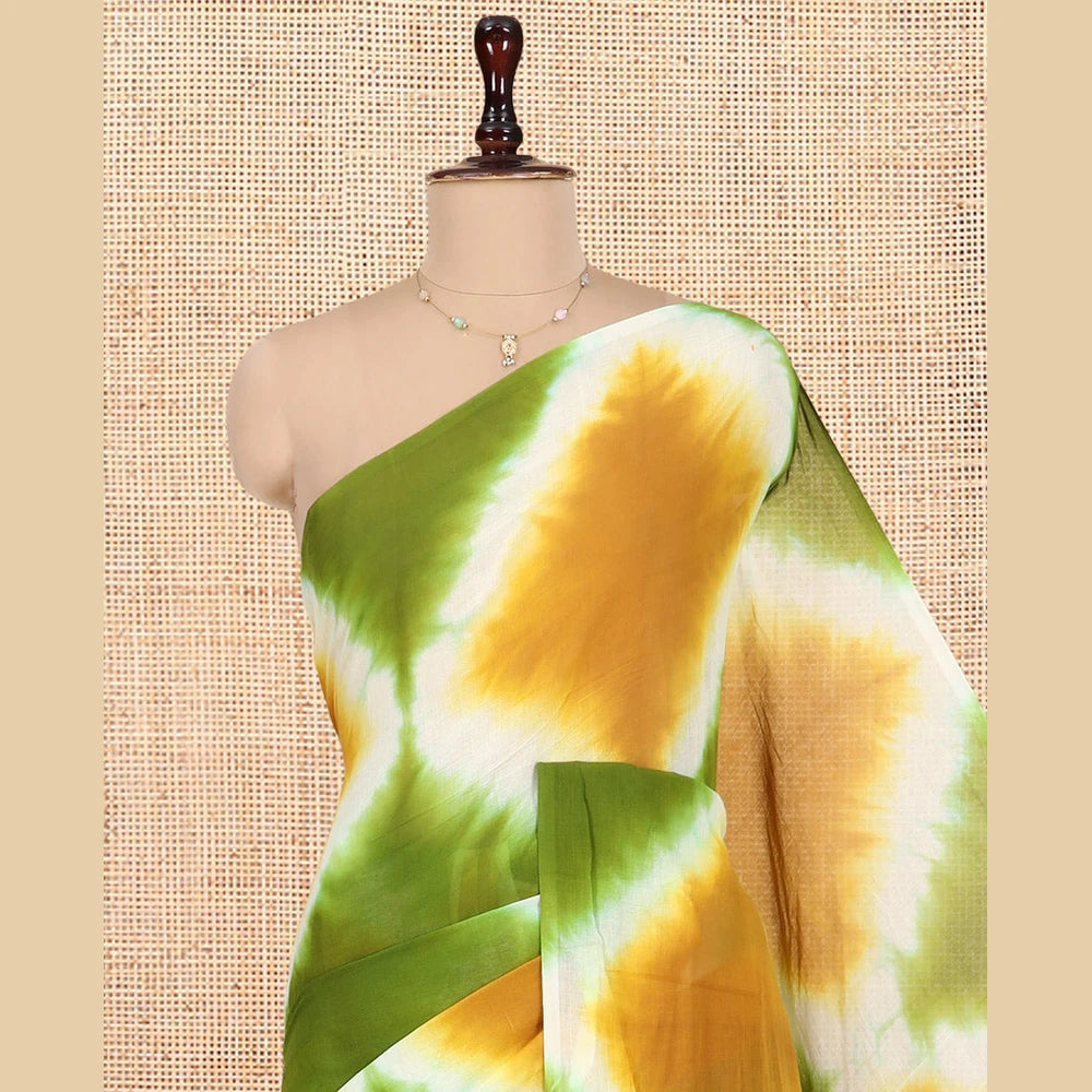 Pothys Borderless Mustard-Green Diamond Shibori Printed Khadi Mul Cotton Saree, and No Blouse