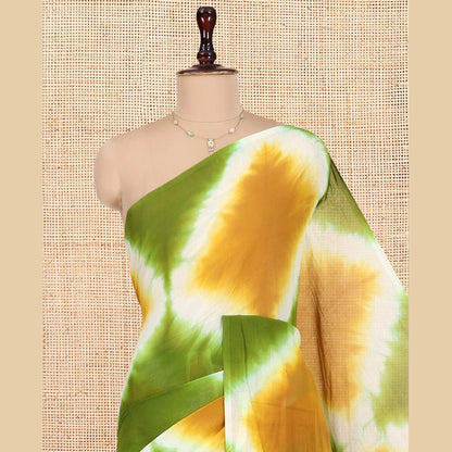 Pothys Borderless Mustard-Green Diamond Shibori Printed Khadi Mul Cotton Saree, and No Blouse