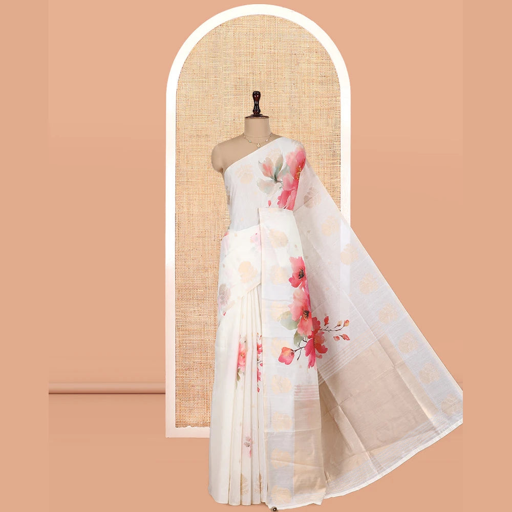 Pothys Borderless Cream Chanderi Cotton Saree Features Buttas and Floral Print, Zari-Rich Pallu, and Matching Blouse