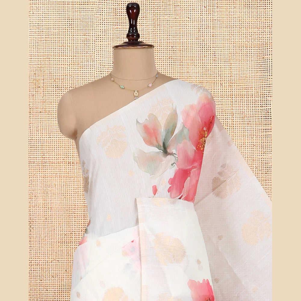 Pothys Borderless Cream Chanderi Cotton Saree Features Buttas and Floral Print, Zari-Rich Pallu, and Matching Blouse
