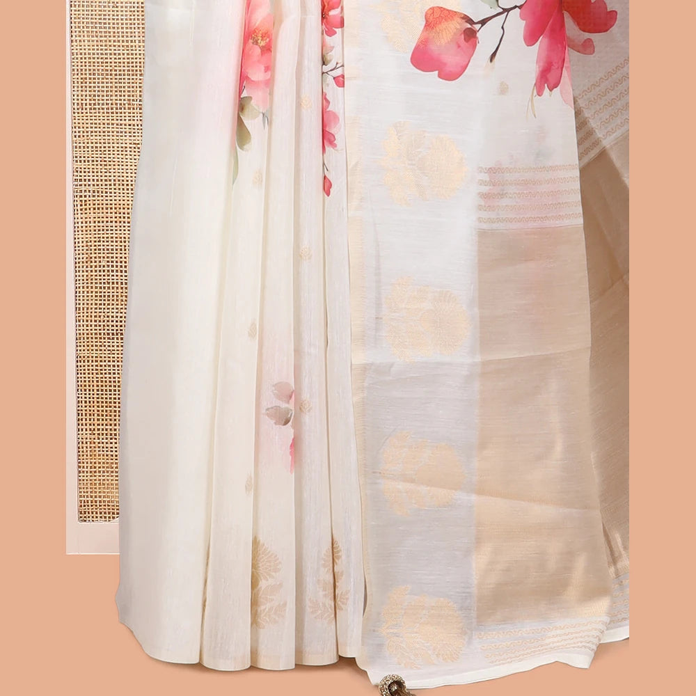 Pothys Borderless Cream Chanderi Cotton Saree Features Buttas and Floral Print, Zari-Rich Pallu, and Matching Blouse