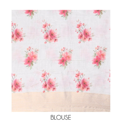 Pothys Borderless Cream Chanderi Cotton Saree Features Buttas and Floral Print, Zari-Rich Pallu, and Matching Blouse