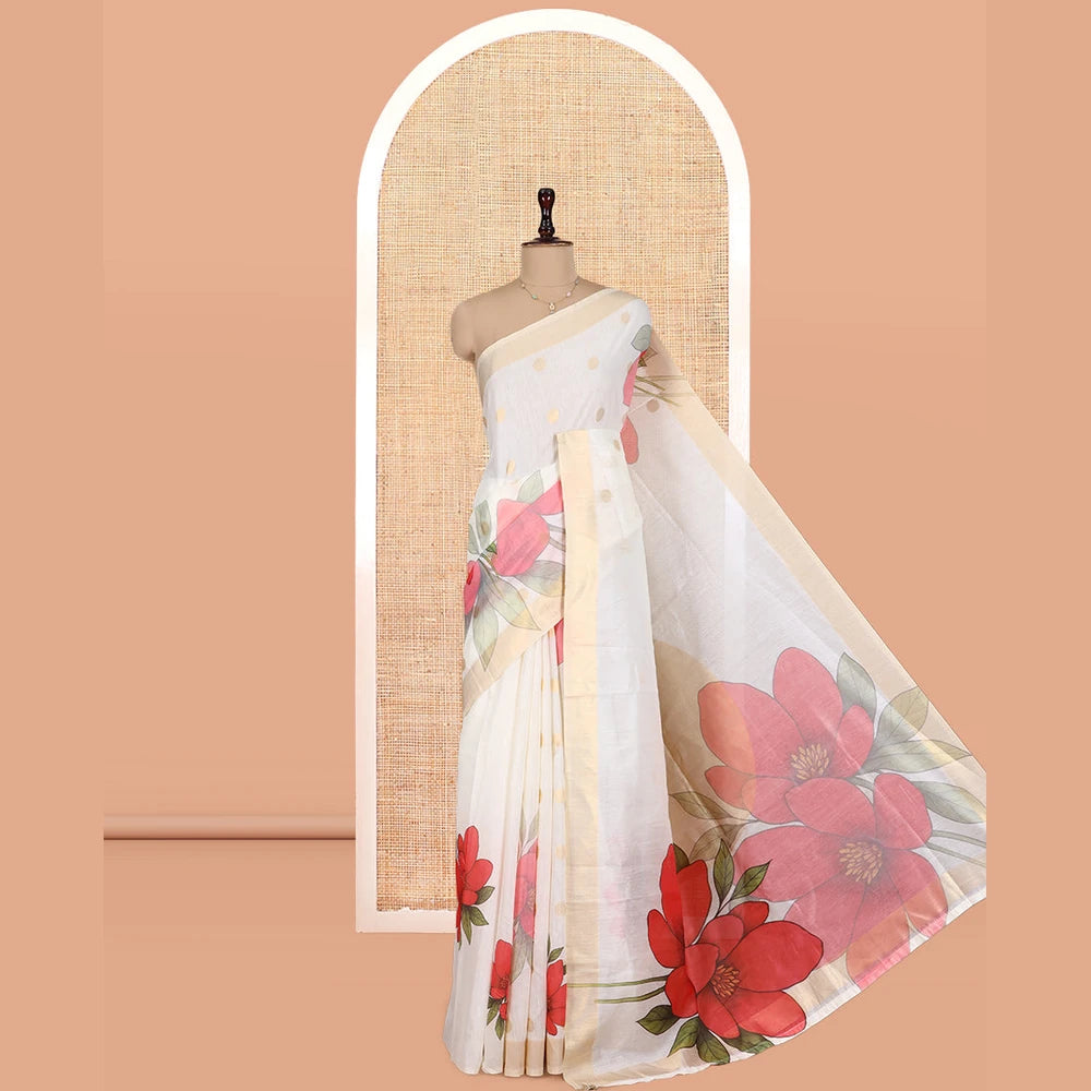 Pothys Cream Chanderi Cotton Saree Features Zari Buttas and Floral Print, a Zari Border, Printed Pallu, Matching Blouse