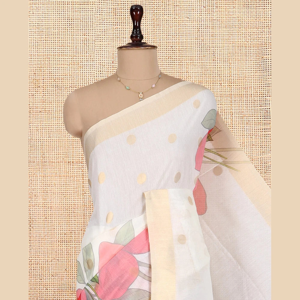 Pothys Cream Chanderi Cotton Saree Features Zari Buttas and Floral Print, a Zari Border, Printed Pallu, Matching Blouse