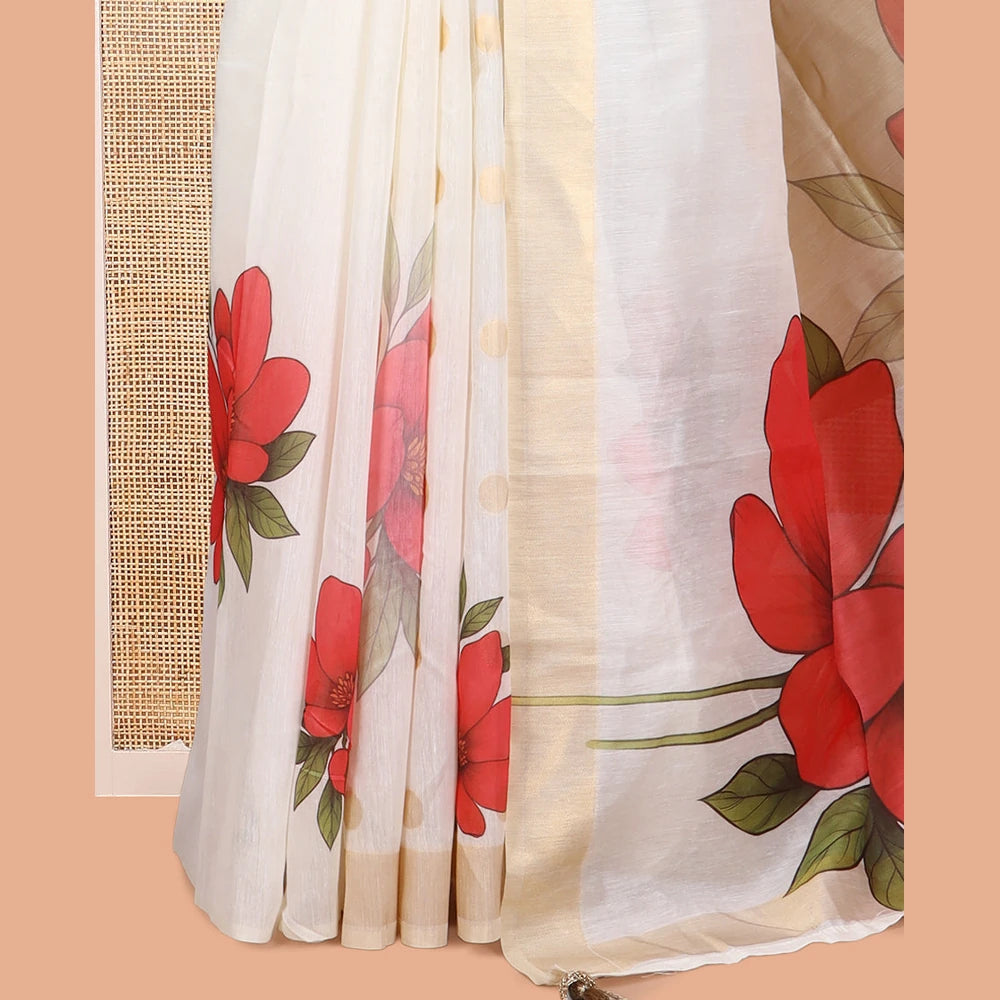 Pothys Cream Chanderi Cotton Saree Features Zari Buttas and Floral Print, a Zari Border, Printed Pallu, Matching Blouse