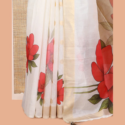 Pothys Cream Chanderi Cotton Saree Features Zari Buttas and Floral Print, a Zari Border, Printed Pallu, Matching Blouse