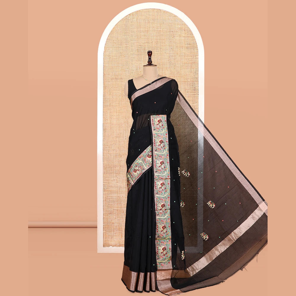 Pothys Black Chanderi Cotton Saree Features Elephant Buttas and Mirror Work, an Elephant Border, Matching Blouse