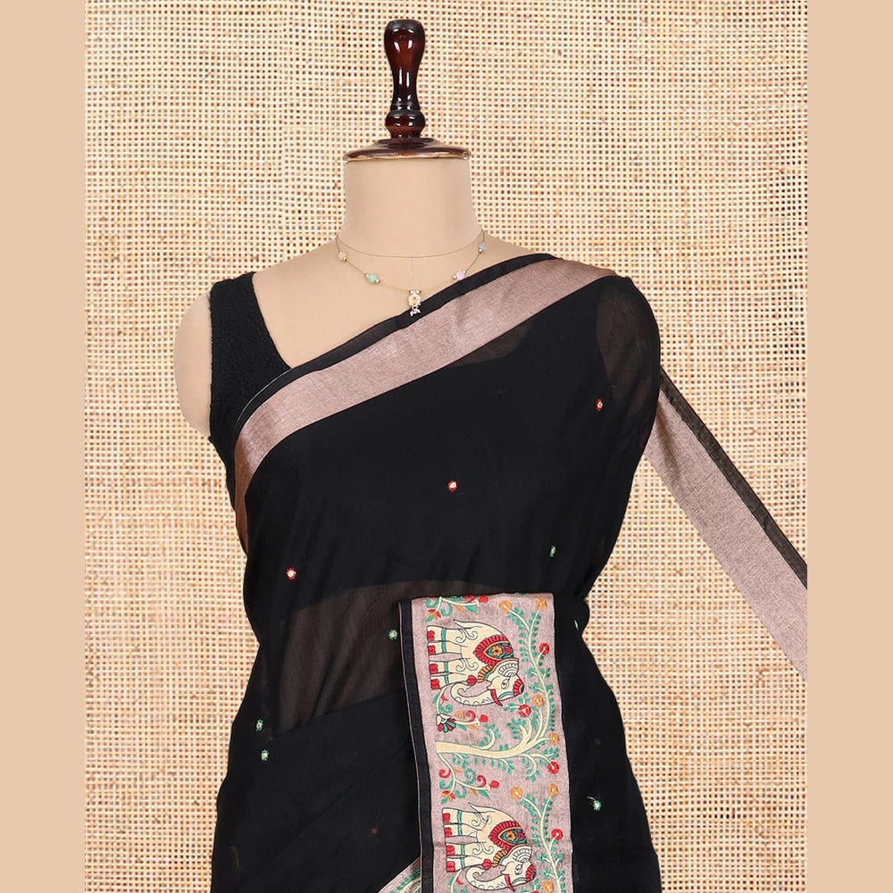 Pothys Black Chanderi Cotton Saree Features Elephant Buttas and Mirror Work, an Elephant Border, Matching Blouse