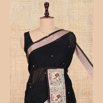 Pothys Black Chanderi Cotton Saree Features Elephant Buttas and Mirror Work, an Elephant Border, Matching Blouse