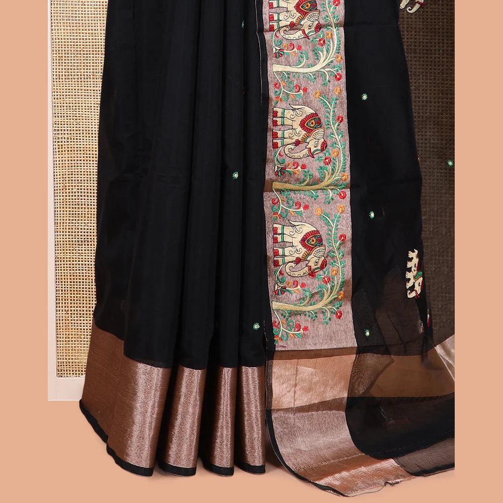 Pothys Black Chanderi Cotton Saree Features Elephant Buttas and Mirror Work, an Elephant Border, Matching Blouse