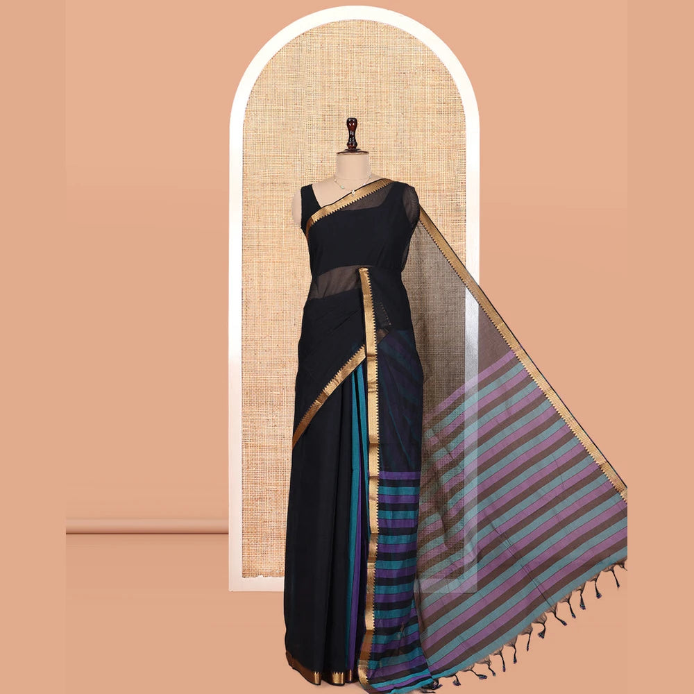 Pothys Black Half-And-Half Striped Mangalgiri Cotton Saree, a Temple Border, Striped Pallu, Contrast Blouse
