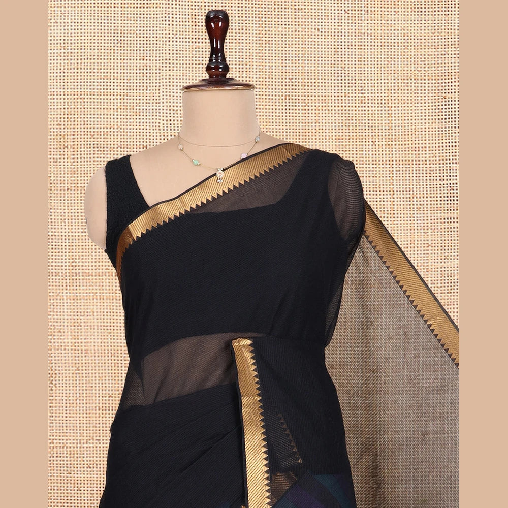 Pothys Black Half-And-Half Striped Mangalgiri Cotton Saree, a Temple Border, Striped Pallu, Contrast Blouse