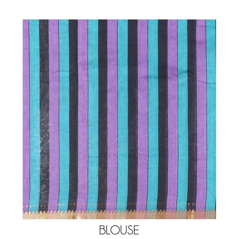 Pothys Black Half-And-Half Striped Mangalgiri Cotton Saree, a Temple Border, Striped Pallu, Contrast Blouse