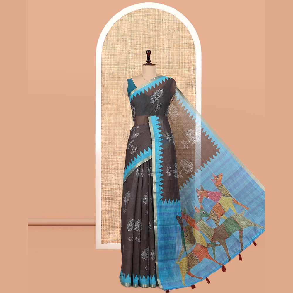 Pothys Brown Linen Cotton Saree Features Tree Motifs, Contrast Temple Border, Animal Motif Pallu, Contrast Blouse