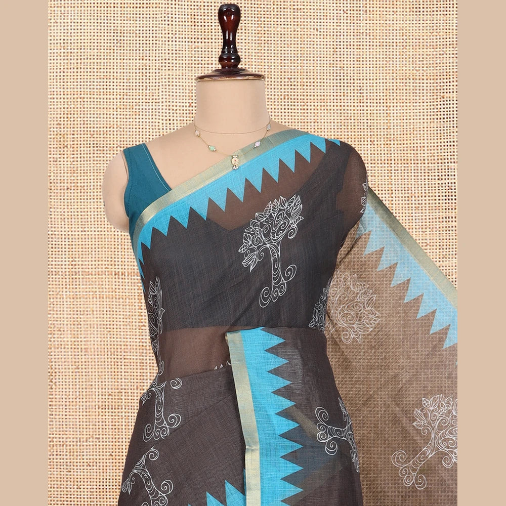Pothys Brown Linen Cotton Saree Features Tree Motifs, Contrast Temple Border, Animal Motif Pallu, Contrast Blouse