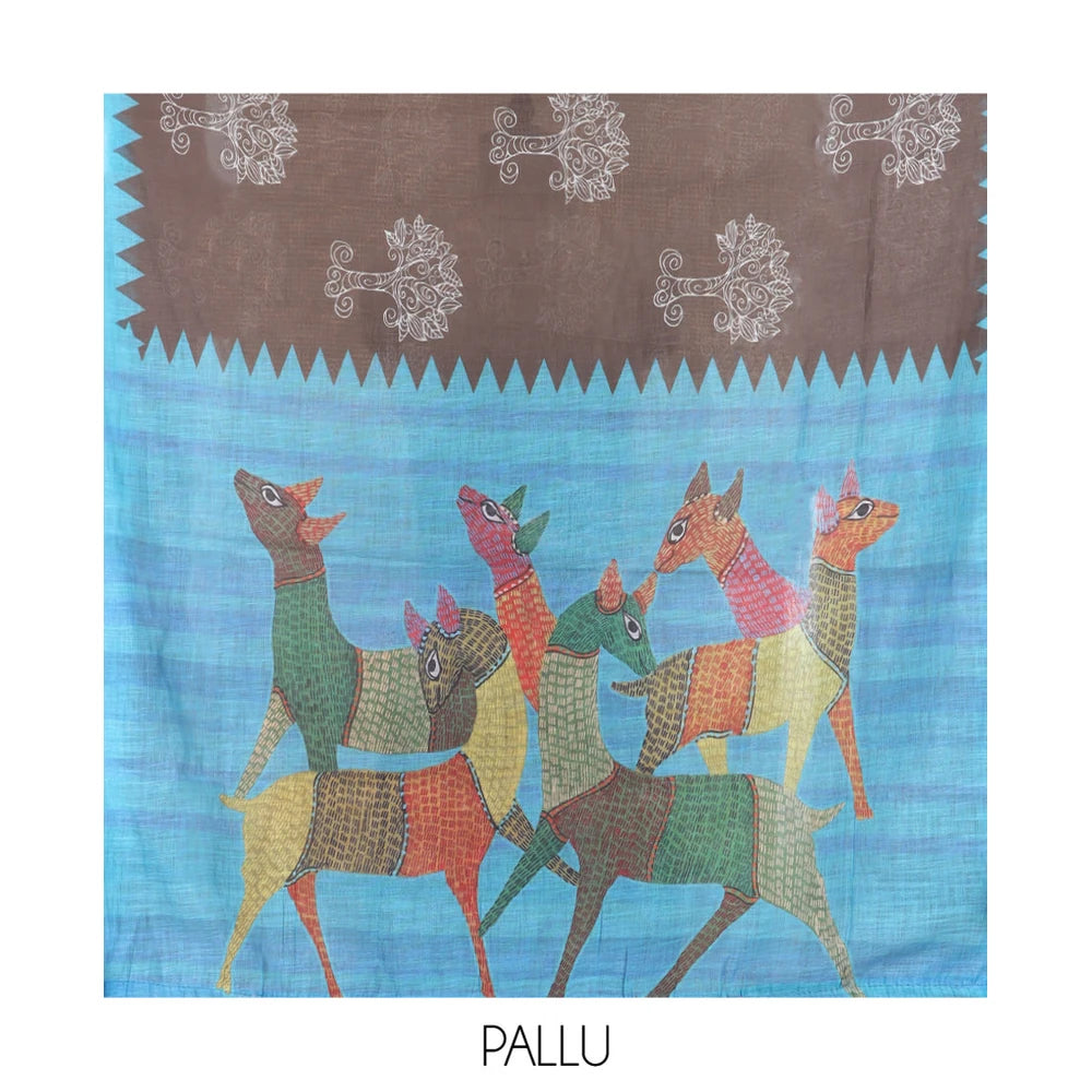 Pothys Brown Linen Cotton Saree Features Tree Motifs, Contrast Temple Border, Animal Motif Pallu, Contrast Blouse