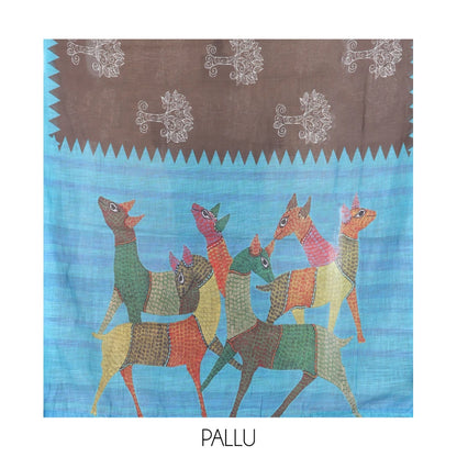 Pothys Brown Linen Cotton Saree Features Tree Motifs, Contrast Temple Border, Animal Motif Pallu, Contrast Blouse