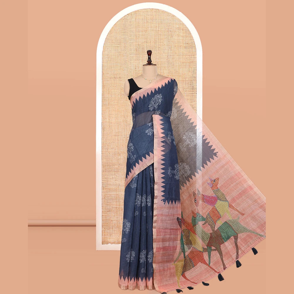 Pothys Grey Linen Cotton Saree Features Tree Motifs, Contrast Temple Border, Animal Motif Pallu, Contrast Blouse