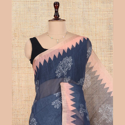 Pothys Grey Linen Cotton Saree Features Tree Motifs, Contrast Temple Border, Animal Motif Pallu, Contrast Blouse