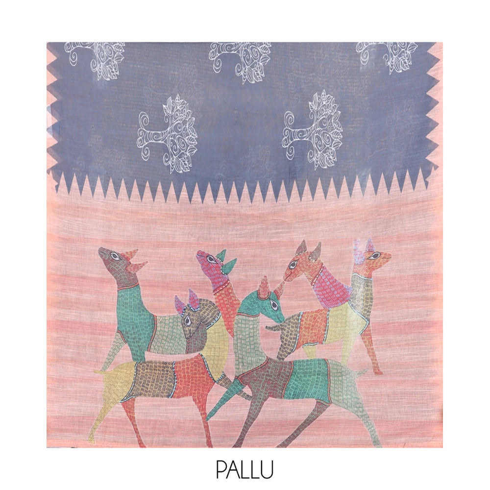 Pothys Grey Linen Cotton Saree Features Tree Motifs, Contrast Temple Border, Animal Motif Pallu, Contrast Blouse