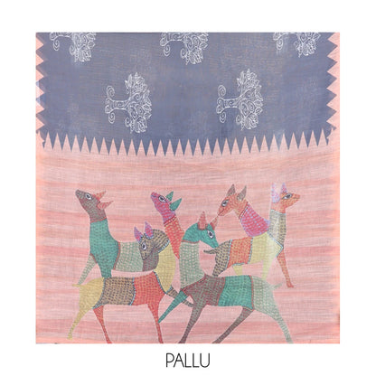 Pothys Grey Linen Cotton Saree Features Tree Motifs, Contrast Temple Border, Animal Motif Pallu, Contrast Blouse