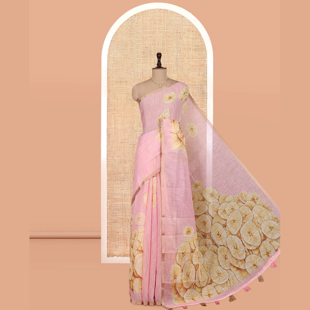 Pothys Borderless Light Pink Nentharanga Chips Printed Chanderi Cotton Saree, a Piping Border, Matching Blouse