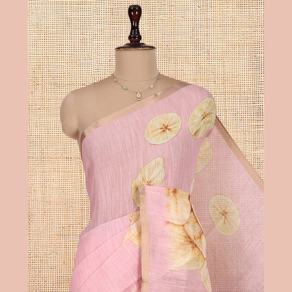 Pothys Borderless Light Pink Nentharanga Chips Printed Chanderi Cotton Saree, a Piping Border, Matching Blouse